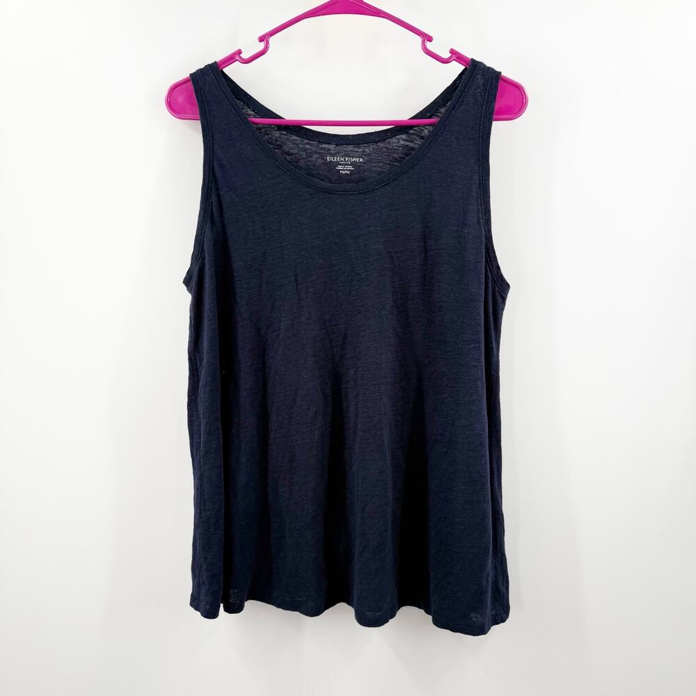 Eileen Fisher Tank Top Petite Medium 100% Organic Linen Navy Blue Scoop Relaxed
